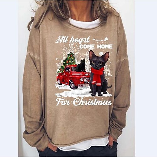 

Women's Sweatshirt Pullover Basic Olive Green Blue Light Brown Cat Christmas Round Neck Long Sleeve S M L XL 2XL 3XL