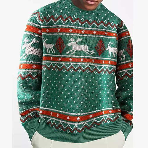 

Men's Sweater Ugly Christmas Sweater Pullover Sweater Jumper Ribbed Knit Cropped Knitted Tree Crew Neck Keep Warm Modern Contemporary Christmas Work Clothing Apparel Fall & Winter Green S M L