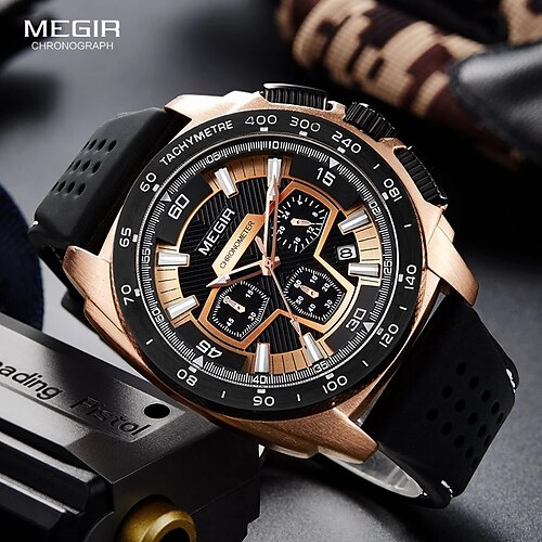 

Megir Males Mens Chronograph Sport Watches with Quartz Movement Rubber Band Luminous Wristwatch