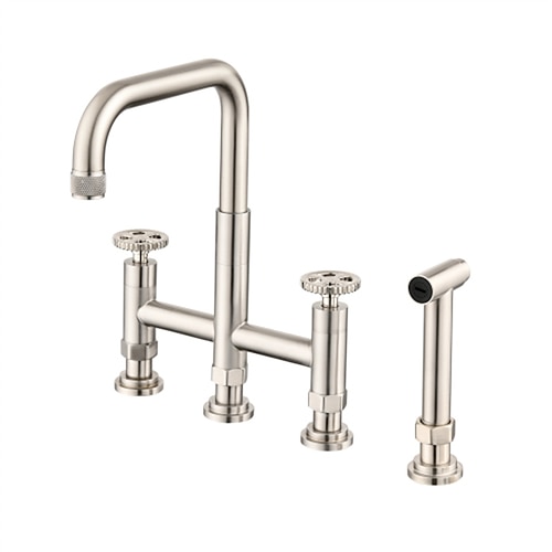 

Bridge Kitchen Faucet with Side Spray,Rotatable Double Handles Two Holes Widespread Kitchen Tap Stainless Steel Brushed Nickel
