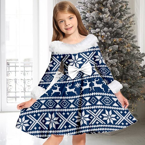 

Kids Girls' Christmas Dress Snowflake Casual Dress Above Knee Dress Christmas Gifts Fur Trim Crew Neck Long Sleeve Adorable Dress 2-13 Years Winter Blue Red