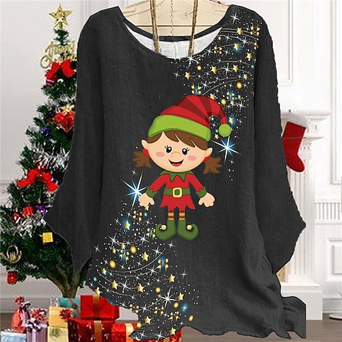 

Women's Plus Size Tops Christmas Elf Blouse Shirt Cartoon Deer Print Long Sleeve Crew Neck Casual Festival Christmas Daily Polyester Winter Fall Green Black