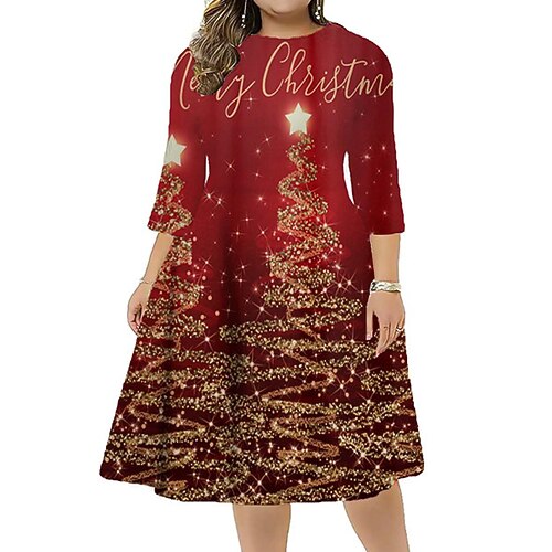 

Women's Plus Size Christmas Dress Work Dress Santa Claus 3/4 Length Sleeve Winter Fall Midi Dress Christmas Dress Work Dress