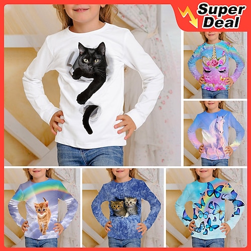 

Kids T shirt Animal Casual 3D Print Long Sleeve Active 3-12 Years Winter Light Pink Deep Pink Black