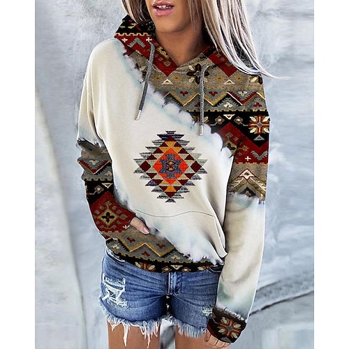 

Women's Hoodie Sweatshirt Pullover Basic Ethnic Front Pocket Green Black Yellow Floral Geometric Street Hoodie Long Sleeve S M L XL 2XL 3XL