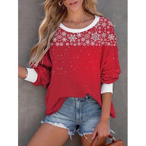 

Women's Sweatshirt Pullover Basic Green Blue Red Snowflake Christmas Round Neck Long Sleeve S M L XL 2XL 3XL