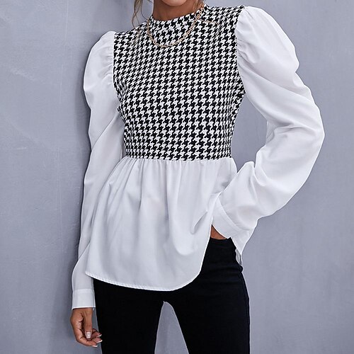 

Women's Blouse Shirt White Graphic Color Block Print Long Sleeve Casual Basic Round Neck Regular S
