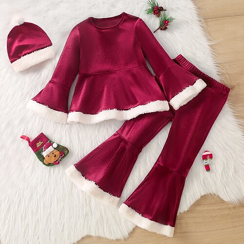 

3 Pieces Toddler Girls' Christmas Solid Color Shirt & Pants Set Long Sleeve Active Outdoor 3-7 Years Winter Red