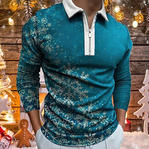

Men's Christmas Golf Shirt Snowflake Zipper Long Sleeve Tops Lightweight Casual Fashion Comfortable Blue Navy Blue Light Blue / Sports
