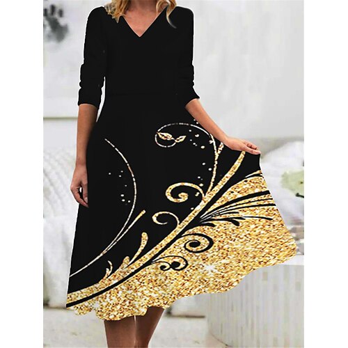 

Women's Casual Dress Swing Dress Midi Dress Blue Gold White Long Sleeve Flower Print Winter Fall Spring V Neck Fashion Daily Weekend 2022 S M L XL 2XL 3XL 4XL 5XL 6XL