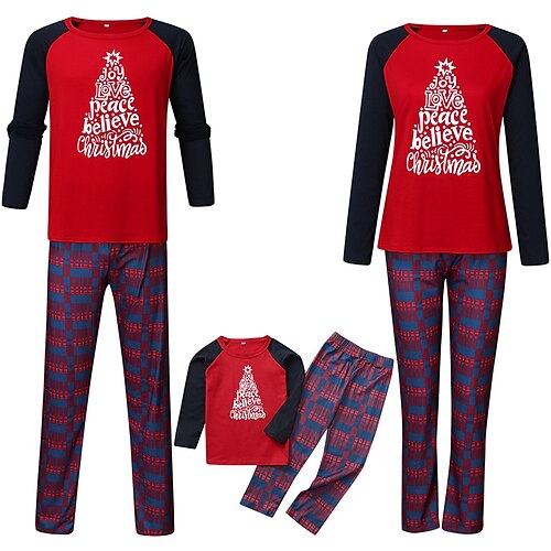 

Christmas Pajamas Family Plaid Letter Home Red Long Sleeve Basic Matching Outfits