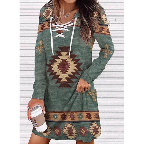 

Women's Emerald Green Dress Mini Dress Green Long Sleeve Graphic Print Winter Fall Spring V Neck Modern Daily 2022 S M L XL 2XL 3XL