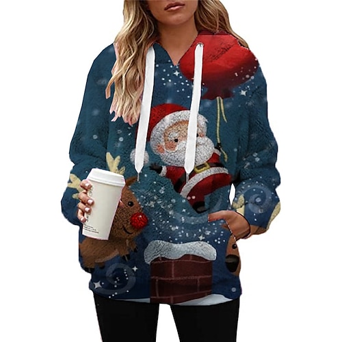 

Women's Sherpa jacket Fleece Jacket Teddy Coat Warm Breathable Christmas Street Daily Wear Vacation Zipper Pocket Print Pullover Hoodie Comfortable Plush Christmas Santa Claus Regular Fit Outerwear