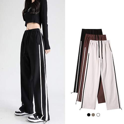 

Women's Sweatpants Wide Leg Drawstring Elastic Waist Stripes Classic Modern Regular Winter Black Dark Coffee White