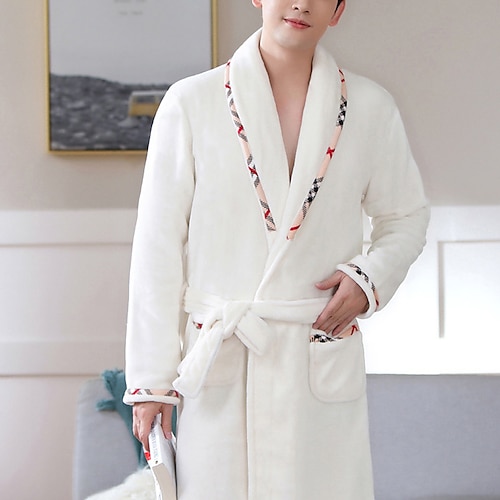 

Men's Robe Bath Robe Pure Color Fashion Simple Plush Home Polyester Comfort Warm Plunging Neck Long Robe Pocket Belt Included Winter Lake blue Pink