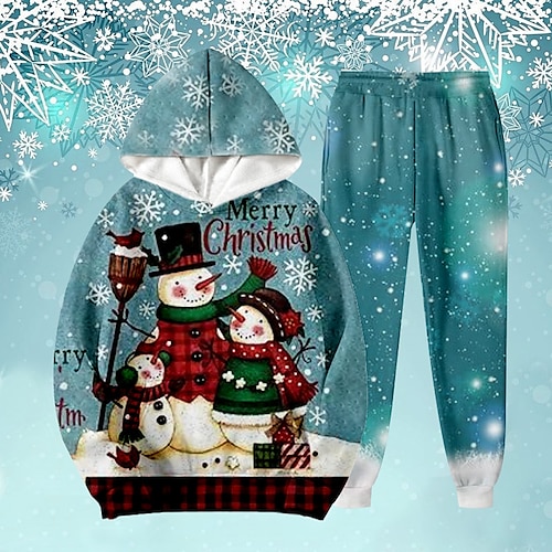 

2 Pieces Kids Boys Ugly Christmas Hoodie & Pants Outfit Snowman Snowflake Long Sleeve Set Casual Adorable Daily Winter Fall 7-13 Years Blue