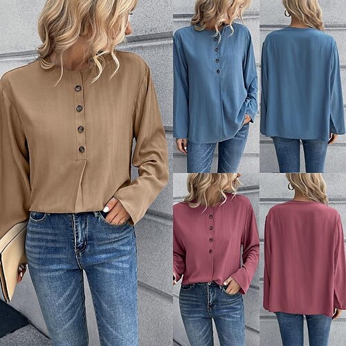 

Women's Blouse Button-Down Solid / Plain Color Classic Retro Round Regular Spring & Fall claret Blue khaki