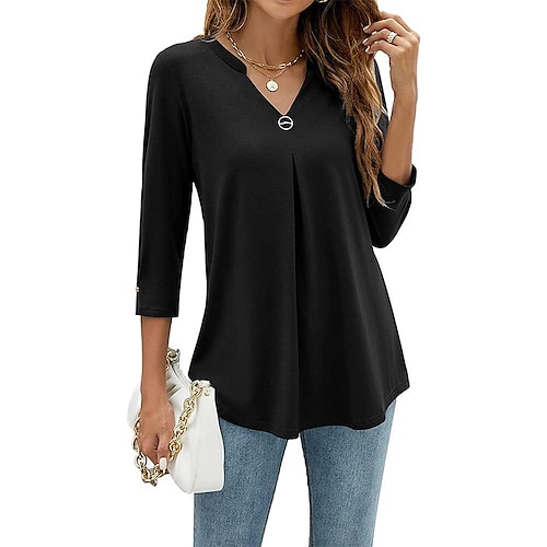 

Europe And The United States 2022 Cross-Border Autumn And Winter Amazon Popular Three-Quarter Sleeves Solid Color V-Neck Button Folded T-Shirt Top Women's Clothing