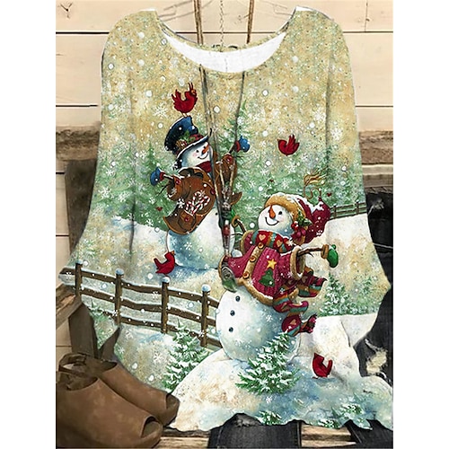 

Women's Plus Size Christmas Tops Blouse Shirt Snowman Snowflake Print Long Sleeve Crew Neck Casual Festival Daily Polyester Winter Fall Light Blue Green