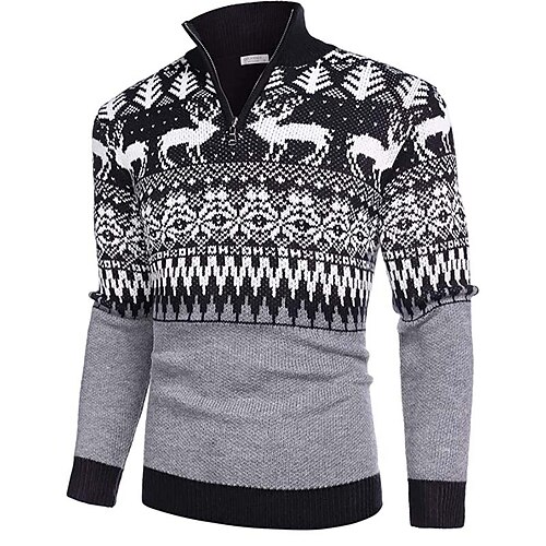 

Men's Sweater Ugly Christmas Sweater Pullover Sweater Jumper Ribbed Knit Cropped Knitted Christmas Pattern Half Zip Keep Warm Modern Contemporary Christmas Work Clothing Apparel Fall & Winter Black