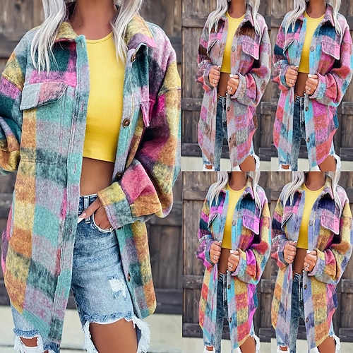 

Women's Shacket Green Blue Fuchsia Plaid Button Pocket Long Sleeve Casual Daily Basic Shirt Collar Regular S