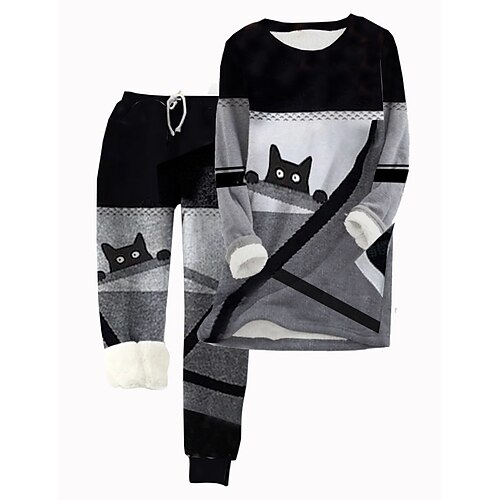 

Women's Plus Size Tops Fleece Set Animal Cat Print Long Sleeve Crew Neck Casual Teddy Home Vacation Polyester Winter Fall Black And White Black