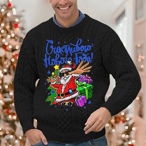 

Men's Sweater Ugly Christmas Sweater Pullover Ribbed Knit Cropped Knitted Santa Claus Crew Neck Keep Warm Modern Contemporary Christmas Work Clothing Apparel Fall & Winter Black Green S M L