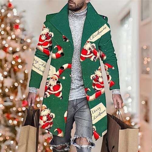 

Men's Coat Warm Christmas Single Breasted Santa Claus 3D Printed Graphic Turndown Fashion Jacket Outerwear Long Sleeve Pocket Fall & Winter