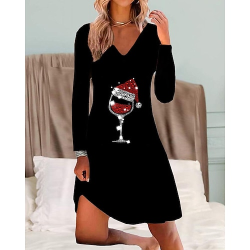 

Women's Casual Dress T Shirt Dress Tee Dress Shift Dress Mini Dress Black Long Sleeve Christmas hat Pocket Winter Fall Autumn V Neck Fashion Christmas Daily Vacation Loose Fit 2022 S M L XL XXL 3XL