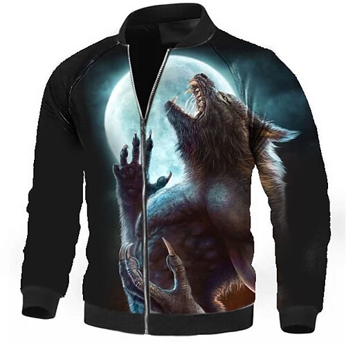 

Men's Coat Warm Sports & Outdoor Zipper Wolf Graphic Prints 3D Printed Graphic Standing Collar Fashion Jacket Outerwear Long Sleeve Zipper Fall & Winter