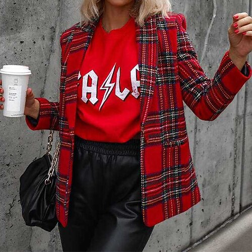 

Women's Blazer Work Print Plaid Breathable Fashion Regular Fit Outerwear Long Sleeve Winter Red S