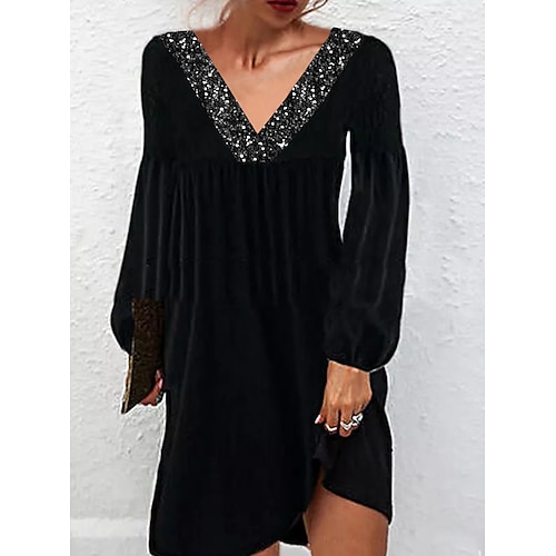 

Women's Velvet Dress Casual Dress Sequin Dress Mini Dress Black Long Sleeve Pure Color Sequins Winter Fall Spring V Neck Stylish Weekend 2022 S M L XL XXL 3XL