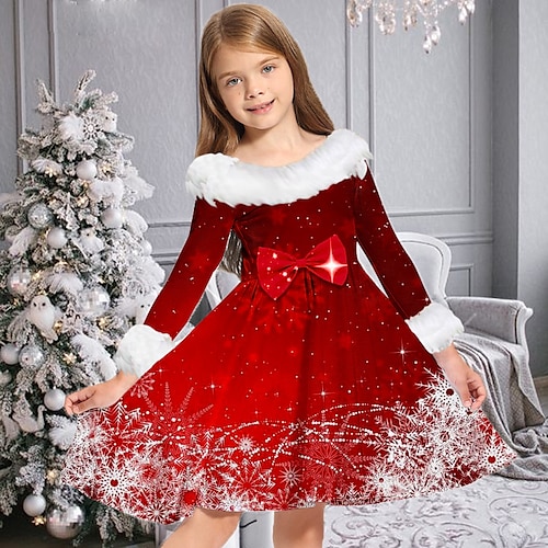 

Kids Girls' Christmas Dress Snowflake Casual Dress Above Knee Dress Christmas Gifts Fur Trim Crew Neck Long Sleeve Adorable Dress 2-13 Years Winter Multicolor Blue Wine