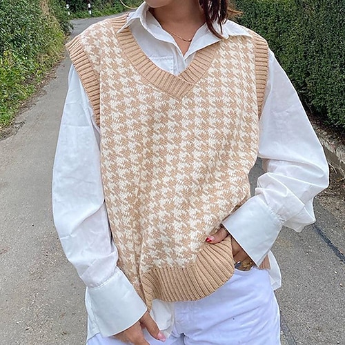 

Women's Sweater Vest Jumper Ribbed Knit Patchwork Knitted Houndstooth V Neck Stylish Casual Daily Holiday Winter Fall Pink Khaki S M L