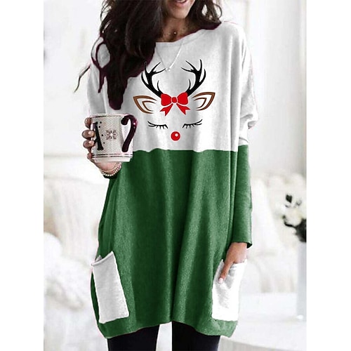 

Women's Christmas Casual Dress T Shirt Dress Tee Dress Mini Dress Green Black Khaki Long Sleeve Print Pocket Winter Fall Autumn Crew Neck Casual Daily 2022 S M L XL 2XL / Cotton
