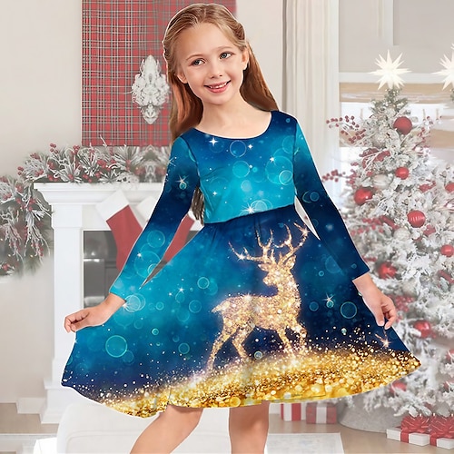 

Kids Girls' Christmas Dress Elk Gradient Casual Dress Christmas Gifts Casual Blue Above Knee Long Sleeve Adorable Daily Dresses Christmas Winter Fall Regular Fit 2-13 Years