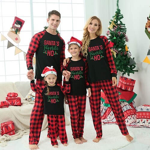 

Christmas Pajamas Family Plaid Letter Home Red Long Sleeve Basic Matching Outfits