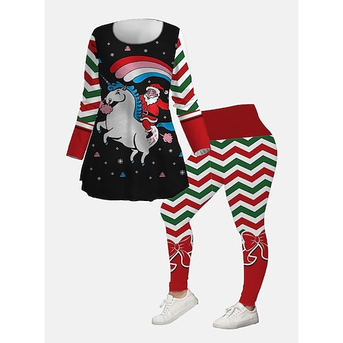 

Women's Plus Size Ugly Christmas Set Santa Claus Print Long Sleeve V Neck Casual Festival Vacation Polyester Winter Fall Black