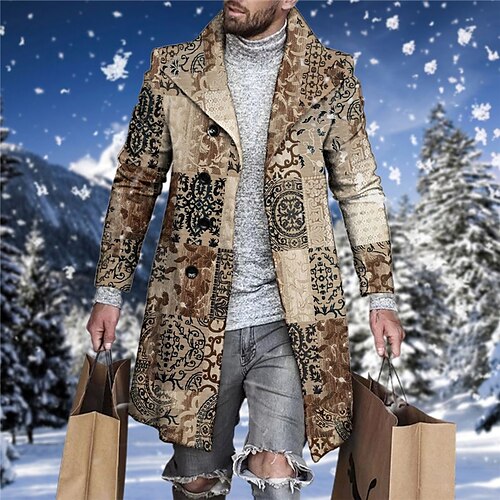 

Men's Coat Warm Work Single Breasted Floral Color Block 3D Printed Graphic Turndown Fashion Jacket Outerwear Long Sleeve Pocket Fall & Winter