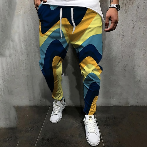 

Men's Joggers Trousers Casual Pants Drawstring Elastic Waist 3D Print Abstract Graphic Prints Comfort Casual Daily Streetwear Basic Fashion Green Yellow Micro-elastic