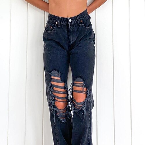 

Women's Jeans Straight Denim Black Streetwear Casual Going out Casual Daily Pocket Full Length Outdoor Solid Colored S M L XL 2XL