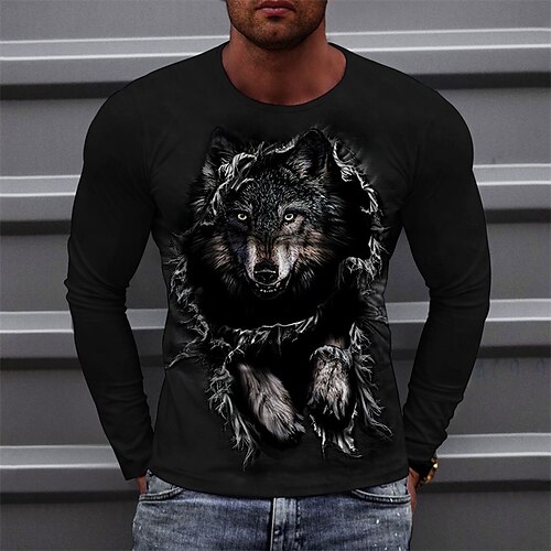 

Men's T shirt Tee Wolf Graphic Prints Crew Neck Green Black Purple Red Brown 3D Print Outdoor Street Long Sleeve Print Clothing Apparel Basic Sports Designer Casual