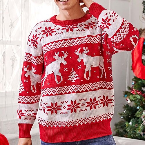 

Men's Sweater Ugly Christmas Sweater Pullover Sweater Jumper Ribbed Knit Cropped Knitted Deer Crew Neck Keep Warm Modern Contemporary Christmas Work Clothing Apparel Fall & Winter Red S M L