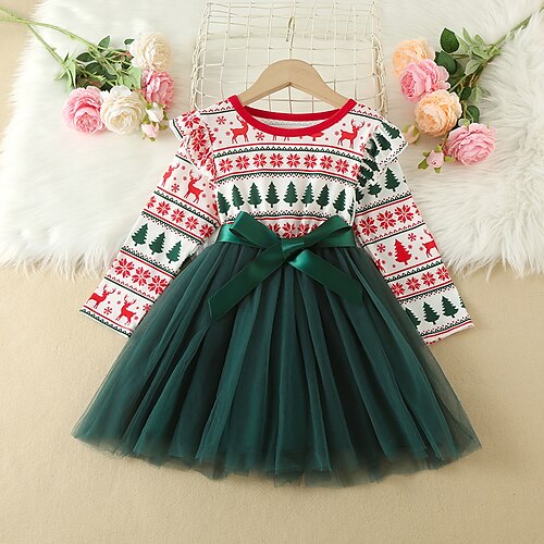 

Kids Girls' Christmas Dress Ugly Tulle Dress Above Knee Dress Christmas Gifts Lace up Crew Neck Long Sleeve Cute Dress 3-7 Years Winter Dark Green
