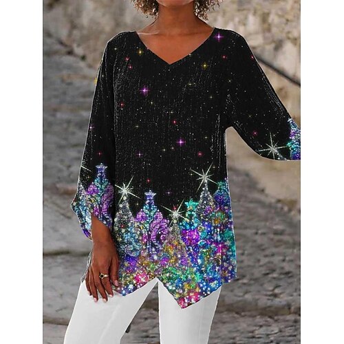 

Women's Blouse Shirt Black White Geometric Christmas Tree Asymmetric Print Long Sleeve Christmas Weekend Streetwear V Neck Regular Geometric S