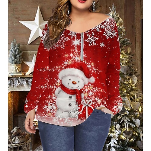 

Women's Plus Size Christmas Tops T shirt Tee Snowman Tree Print Long Sleeve V Neck Winter Fall Blue Red