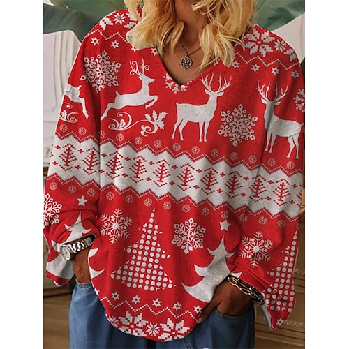 

Women's Plus Size Christmas Tops T shirt Tee Deer Snowflake Print Long Sleeve V Neck Casual Festival Daily Cotton Spandex Jersey Winter Fall Red
