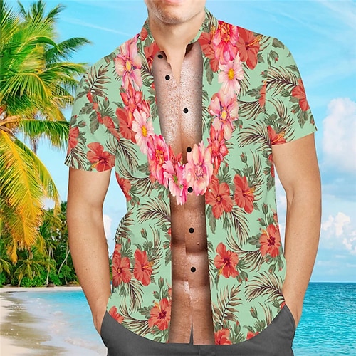 

Men's Shirt Aloha Shirt Floral Graphic Prints Turndown Green 3D Print Outdoor Street Short Sleeves Button-Down Print Clothing Apparel Tropical Designer Casual Hawaiian