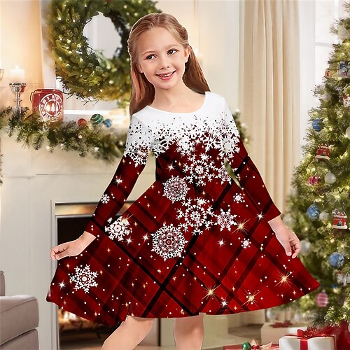 

Kids Girls' Christmas Dress Plaid Casual Dress Above Knee Dress Christmas Gifts Crewneck Long Sleeve Adorable Dress 2-13 Years Winter Wine