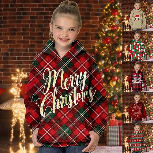 

Kids Girls' Ugly Christmas Hoodie Plaid Christmas Gifts Long Sleeve Pocket Cute 7-13 Years Winter Green Gold Wine